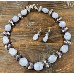 Ross Simons Blue Lace Agate Necklace Earrings 925 Sterling Amethyst Peridot